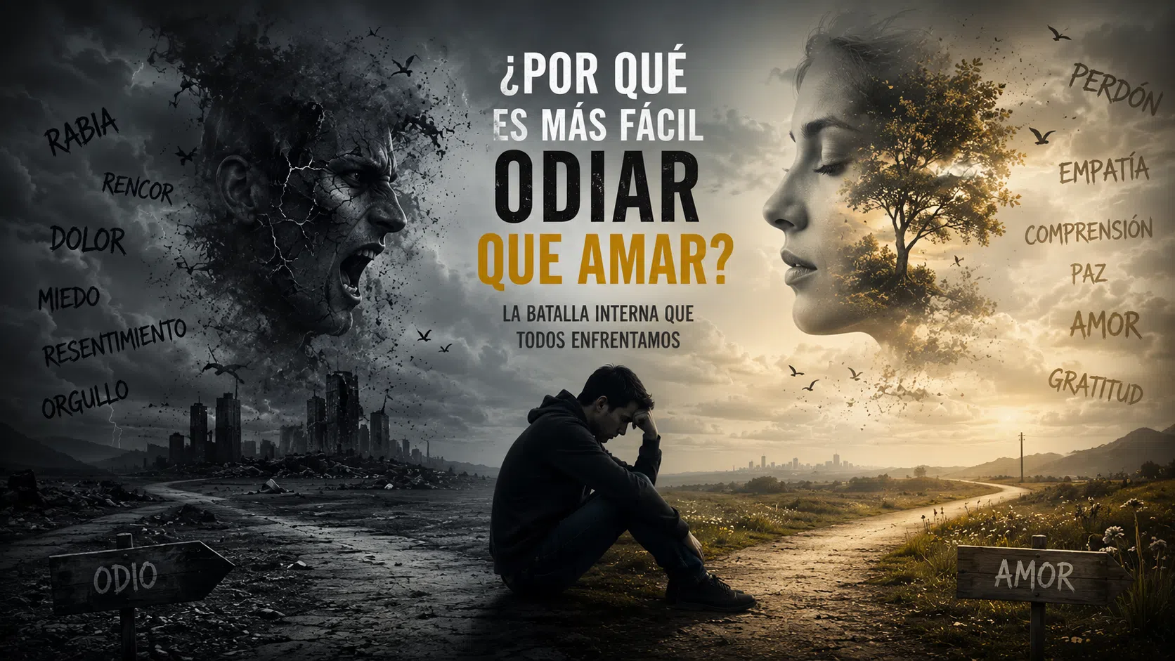 Persona reflexionando entre la oscuridad del odio y la luz del amor representando el conflicto emocional humano