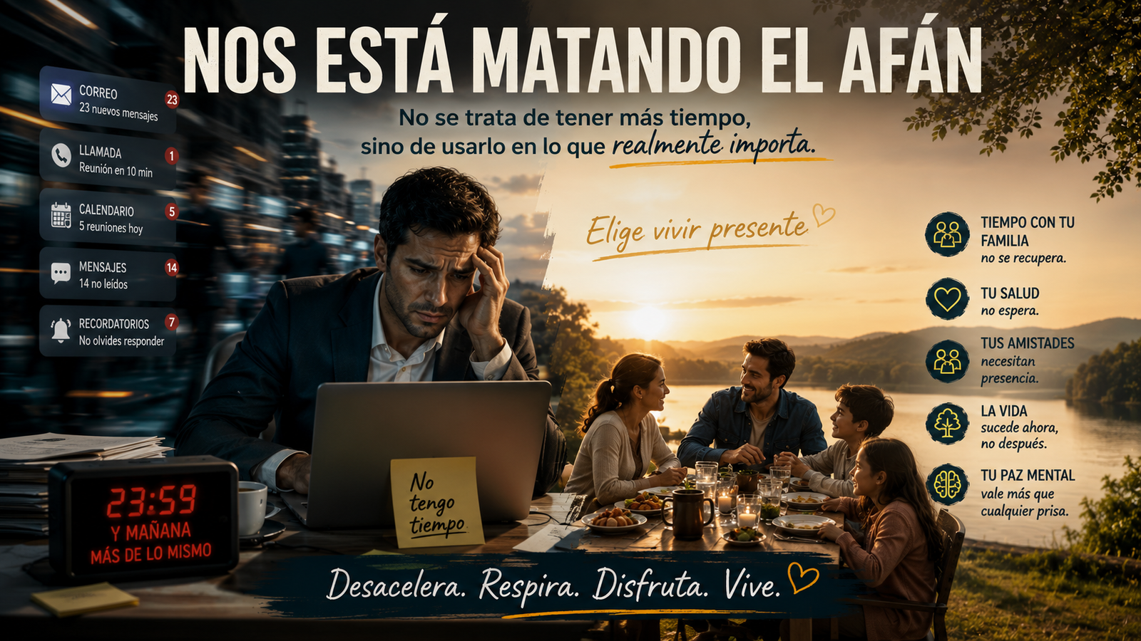 Hombre viviendo con afán y estrés frente a una vida familiar tranquila